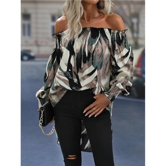 Multicolor Marble Printed Off Shoulder High Low Top Long Asymmetrical Blouse Top - Picture 1 of 6